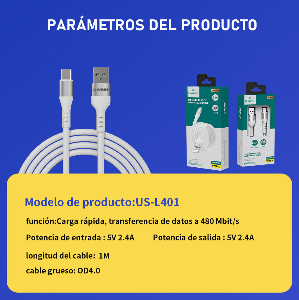 Cable para carga L401 USB-C Cable 2.4A 1M White USB 3.0 UWINN